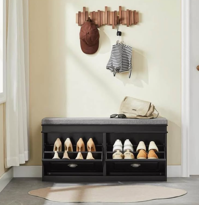 Shoe Bench Shoe Storage Cabinet with 2 Flip-Drawer and Padded Seat Cushion Shoe Rack Organizer for Hallway