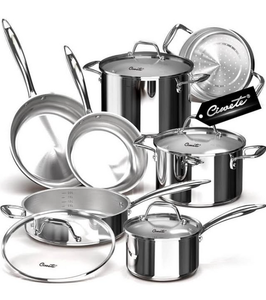 Ciwete Tri-Ply Stainless Steel Pots and Pans Set 11 PC
